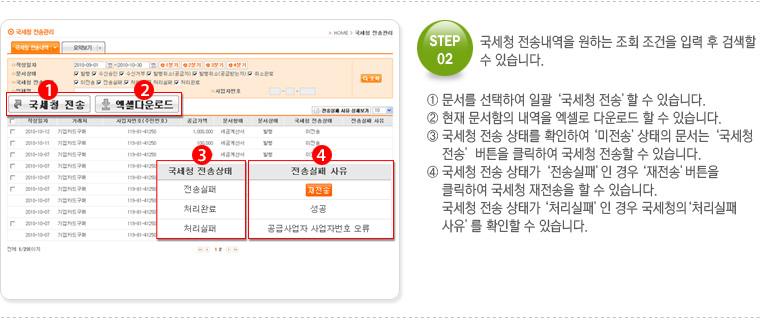 STEP.02 국세청 전송내역을 원하는 조회 조건을 입력 후 검색할 수 있습니다.